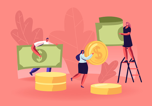 People Collecting and Saving Money Concept. Tiny Male and Female Characters Carry Huge Dollar Coins and Banknotes. Financial Success, Responsibility and Literacy. Cartoon Flat Vector Illustration