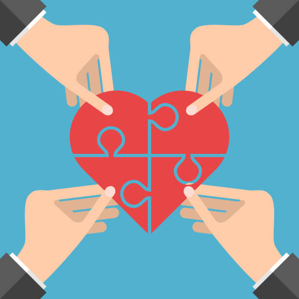 People connecting heart puzzle vector art illustration