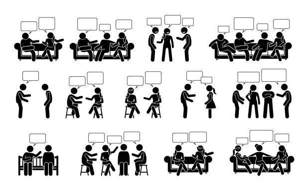 People conversation and communication with one another stick figure pictogram icons. Vector illustrations depict people or friends talking and chatting to each other in sitting and standing positions. stick figure stock illustrations