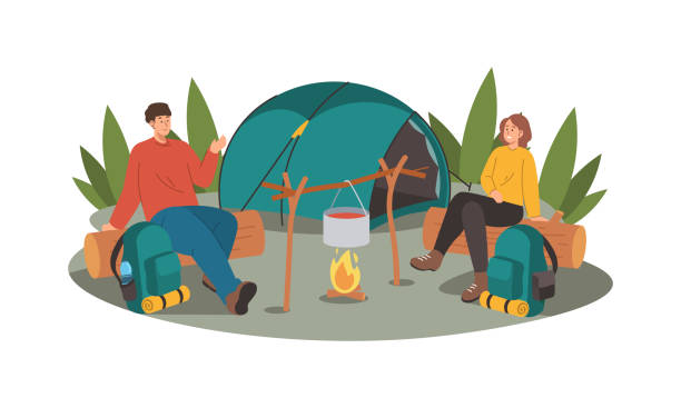 ilustrações de stock, clip art, desenhos animados e ícones de people cooking at campsite - sleeping couple