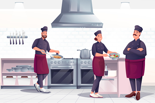 People cooking in restaurant kitchen. Professional chef with crew preparing food vector illustration. Horizontal panorama, culinary room interior background