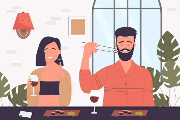 People couple eat sushi in Japanese cafe together, sitting at table in restaurant vector art illustration