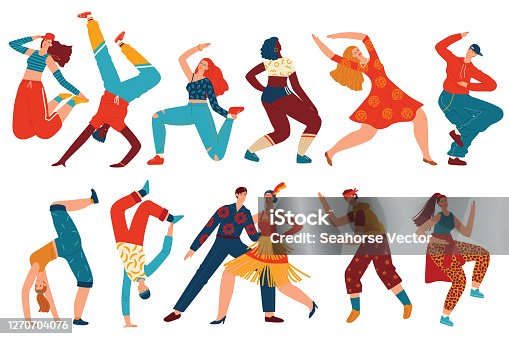 istock People dance vector illustration set, cartoon flat woman man dancer characters collection with teenagers dancing hip hop, twerk 1270704076