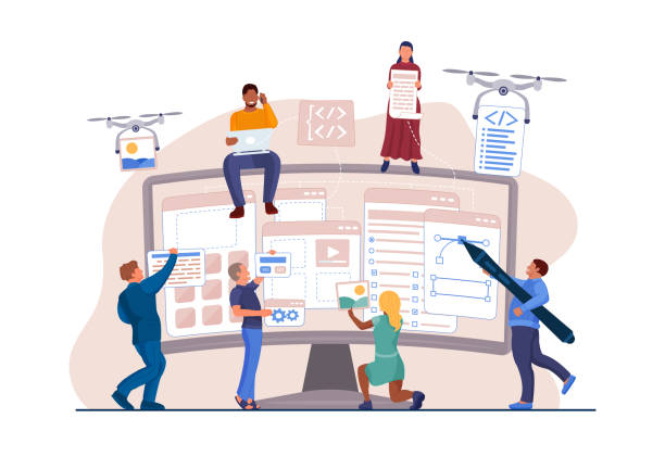 People designer team working on interface development vector art illustration