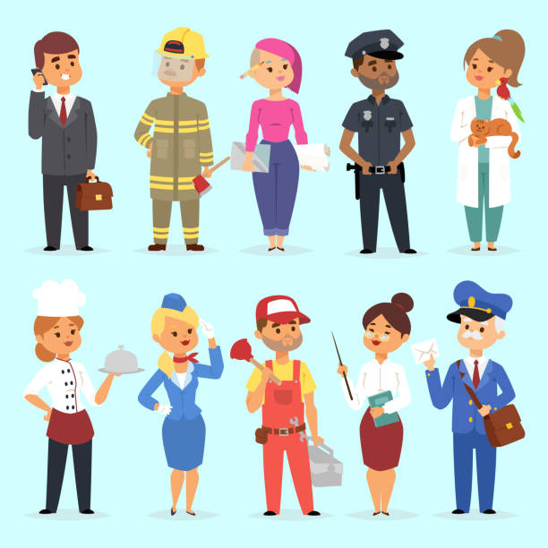 People different professions vector illustration. Success teamwork diversity human work lifestyle. Standing successful young professions policeman, doctor, fireman, chef person character in uniform People different professions vector illustration. Success teamwork diversity human work lifestyle. Standing successful young professions policeman, doctor, fireman, chef person character in uniform. teacher clipart stock illustrations