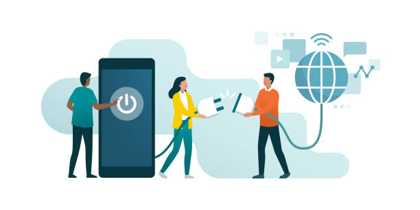 People disconnecting and doing a digital detox Happy people disconnecting and doing a digital detox, they are unplugging the phone and being offline electric plug stock illustrations
