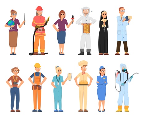 People diverse occupation. Professional workers, different characters in uniform. Cartoon man and woman, waiter, cook, teacher. Decent vector persons