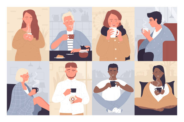 stockillustraties, clipart, cartoons en iconen met mensen drinken warme dranken buiten of thuis, met een kopje warme drank en dessert - woman drinking coffee
