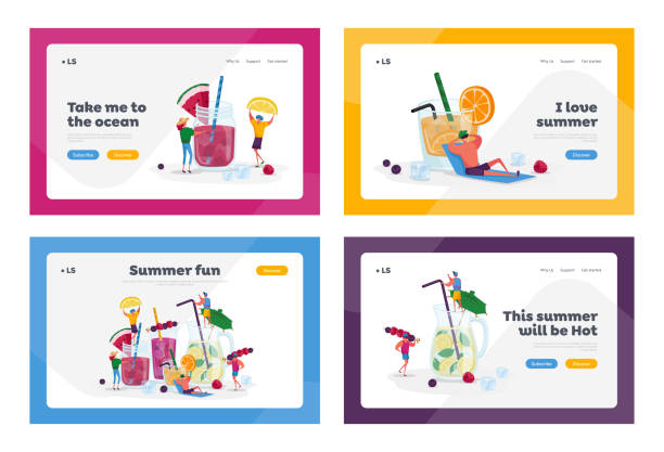 People Drinking Cold Drinks Landing Page Template Set. Tiny Characters Choose Different Beverages at Summer. Huge Glass Cups with Straw, Fruits, Ice Cubes in Juice Water. Cartoon Vector Illustration People Drinking Cold Drinks Landing Page Template Set. Tiny Characters Choose Different Beverages at Summer. Huge Glass Cups with Straw, Fruits, Ice Cubes in Juice Water. Cartoon Vector Illustration juice drink stock illustrations