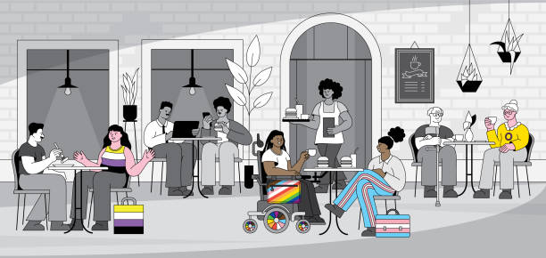 lgbtqia people eating at a cafe - progress pride flag 幅插畫檔、美工圖案、卡通及圖標