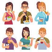 People eating. Eat drinking food men women healthy tasty dishes meals cafe casual lunch hungry friends, cartoon vector illustration