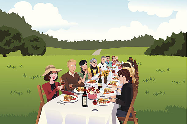 People eating in a farm table A vector illustration of group of people eating in a farm table cartoon of the family reunions stock illustrations
