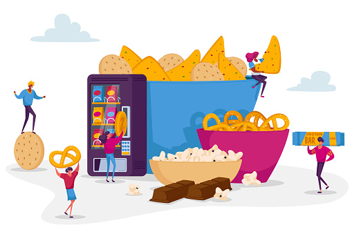 People Eating Snacks Concept. Tiny Male and Female Characters Enjoying Different Dry Appetizers Pop Corn, Pretzel Biscuits Chips Sweets Bars and Donuts in Vending Machine. Cartoon Vector Illustration