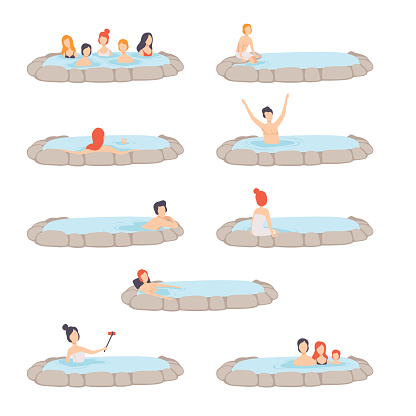 People enjoying outdoor thermal spring set, men and women relaxing in hot water in bath tub, spa procedure vector Illustration on a white background