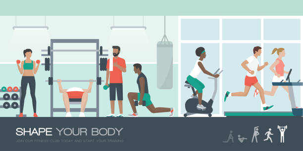 People exercising at the gym Young fit people exercising together at the gym, running, cycling and weightlifting; healthy lifestyle and sports concept peloton stock illustrations