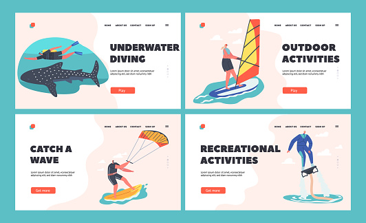People Extreme Water Sports Activity Landing Page Template Set. Wind Surfing, Fly Board, Jet Ski and Diving with Shark