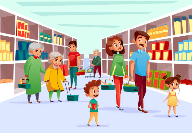 People family shopping in supermarket vector cartoon illustration People in supermarket vector illustration. Flat cartoon design of family mother, father and children or old women in supermarket with shopping baskets and carts at grocery shop product shelf supermarket backgrounds stock illustrations