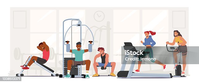 istock People Fitness Training in Gym. Male Female Characters Exercising with Professional Equipment Doing Workout with Weight 1338513371
