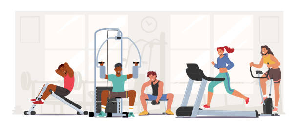 ilustrações, clipart, desenhos animados e ícones de pessoas fitness training em academia. personagens femininas masculinas exercitando-se com equipamentos profissionais fazendo exercício com peso - gym