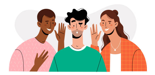 People gossip Two people whisper the latest news and gossip to the guy. Shocked guy. Three people whispering. gossip stock illustrations