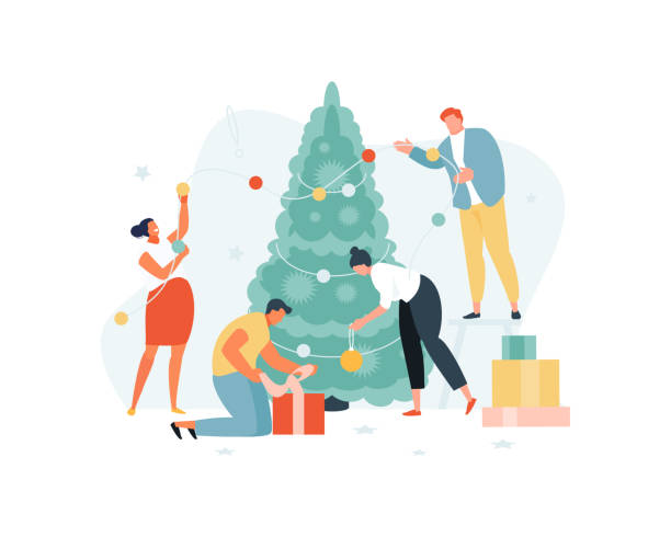 stockillustraties, clipart, cartoons en iconen met de groep die van mensen de kerstboom verfraait - vrouw kerstboom versieren