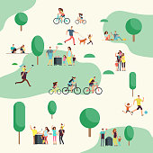 People groups on on bbq picnic. Happy families in various outdoor activity in summer park. Cartoon vector characters family in green park outdoor illustration