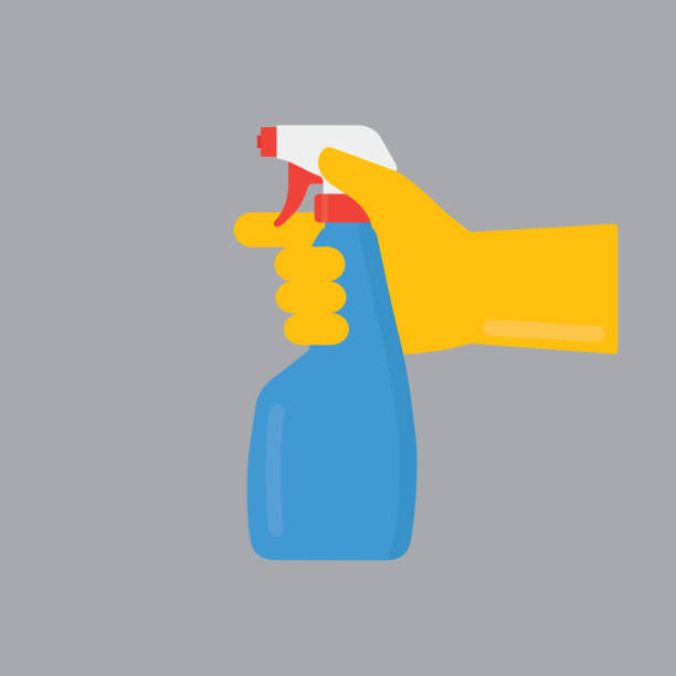 People Hand with Yellow Gloves Holding Cleaning Spray Bottle vector art illustration
