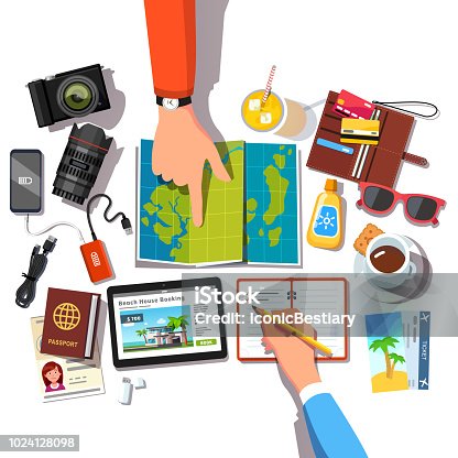 istock People hands planning  vacation trip choosing journey location pointing on a world map and making check list of travel items like passports, phones, wallet. Looking for a place to stay online on tablet pc. Flat style vector 1024128098