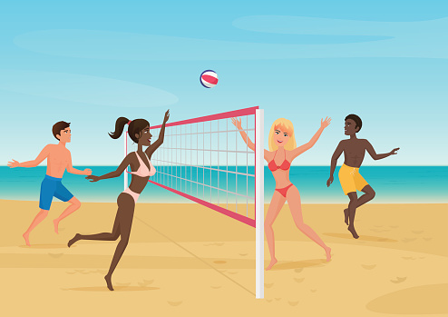 People having fun playing volleyball on the beach vector illustration. Active seabeach sport.