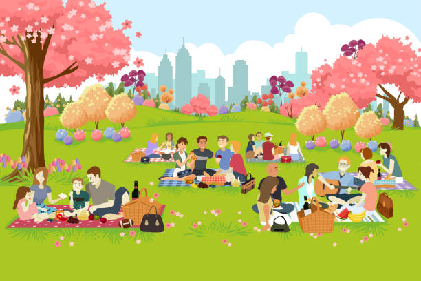 ilustraciones, imágenes clip art, dibujos animados e iconos de stock de personas con picnic en el parque en primavera - family outdoors