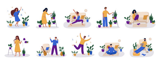 People Hobby Concept People - man and woman - their hobby or daily activity - gardening, reading, yoga, dancing, singing at home. Cute characters in greenhouse, flat style, vector illustration hobbies stock illustrations