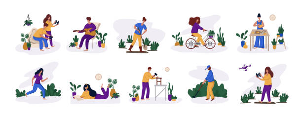 People Hobby Concept People - man and woman and their hobby or daily activity, free time concept - music, gardening, game plaing, run, golf. Set of cute characters, flat style, vector set drone clipart stock illustrations