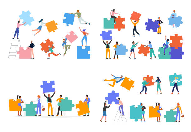 People holding puzzle jigsaw to connect parts set, team of partners building collaboration vector art illustration