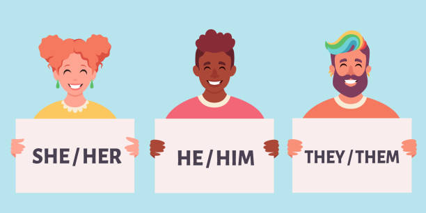people holding sign with gender pronouns. she, he, they, non-binary. gender-neutral movement. vector illustration - 非二元性別 插圖 幅插畫檔、美工圖案、卡通及圖標