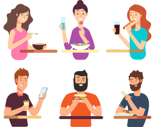 illustrations, cliparts, dessins animés et icônes de personnes, des personnes affamées manger des aliments différents. personnages de dessins animés mangent set vector isolé sur fond blanc - eating burger