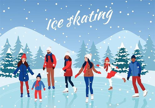 People ice skating. Winter ice rink.  Vector illustration.