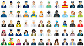 Set of fifty-five people icons with different professions.