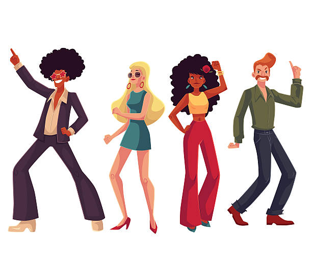 People in 1970s style clothes dancing disco People in 1970s style clothes dancing disco, cartoon style vector illustration isolated on white background. Men and women in 60s, 70s style clothing dancing at retro disco party disco dancing stock illustrations