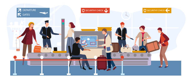 ilustrações de stock, clip art, desenhos animados e ícones de people in airport vector illustration, cartoon flat man woman travel characters with baggage passing through scanner and security checkpoint - airport lounge business