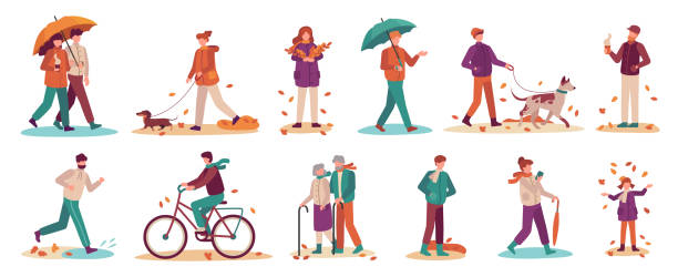 illustrations, cliparts, dessins animés et icônes de les gens en automne. couples avec le parapluie dans la pluie, jeune et vieil homme, parc d’automne de promenade de femme. ensemble de vecteurs de style de vie actif de la saison d’automne - marcher foret
