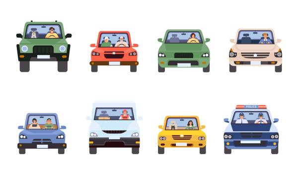 People in cars front view. Man and woman driving, delivery service, police in car and old couple. Drivers in flat minimal style vector set People in cars front view. Man and woman driving, delivery service, police in car and old couple. Drivers in flat minimal style vector set. Illustration car drive, travel transportation automobile teen driving stock illustrations