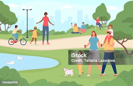 istock People in city park. Happy families walking dog, playing in nature landscape and riding bicycle. Cartoon outdoor activities vector concept 1306860930