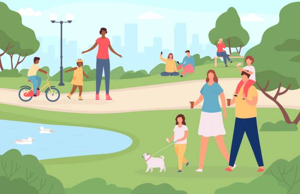 都市公園の人々。幸せな家族は犬を歩いて、自然の風景の中で遊んで、自転車に乗っています。漫画の野外活動ベクトル概念 - 公園点のイラスト素材／クリップアート素材／マンガ素材／アイコン素材