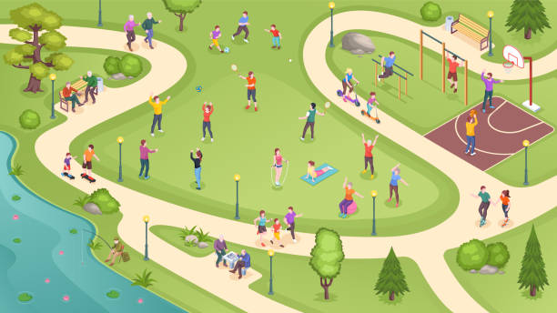 People in city park, sport activity and summer leisure games, isometric vector background. People in public park jogging, playing basketball and tennis, training at workout ground and riding scooters  park stock illustrations