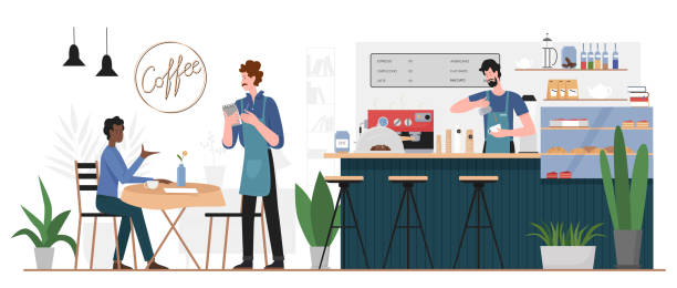 People in coffeehouse bar vector illustration, cartoon flat man character ordering coffee drink or food desserts from waiter background People in coffeehouse bar vector illustration. Cartoon flat man character sitting at cafe table, ordering coffee drink or food desserts from waiter, barista standing at bar counter interior background waiter taking order stock illustrations