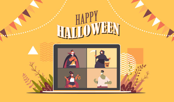 ilustrações, clipart, desenhos animados e ícones de pessoas fantasiadas na tela do laptop discutindo durante a chamada de vídeo feliz halloween festa comunicação on-line - máscara covid