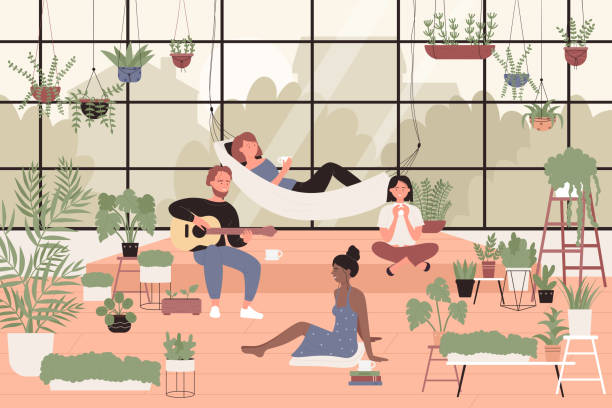 People in greenhouse home garden spend time together People in greenhouse home garden vector illustration. Cartoon young man woman friends characters spend time together in green house interior with potted houseplants in pots, botanical hobby background greenhouse table stock illustrations