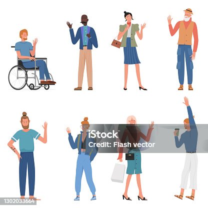 istock People in greeting gesture isolated set, young woman, girl student, old man waving hand 1302033664