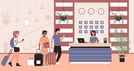 People in hotel reception vector illustration, cartoon flat happy tourist characters talking with hotelier receptionist at reception desk