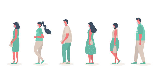 People in medical masks stand in line. Men and women keep their distance to stay safe vector art illustration